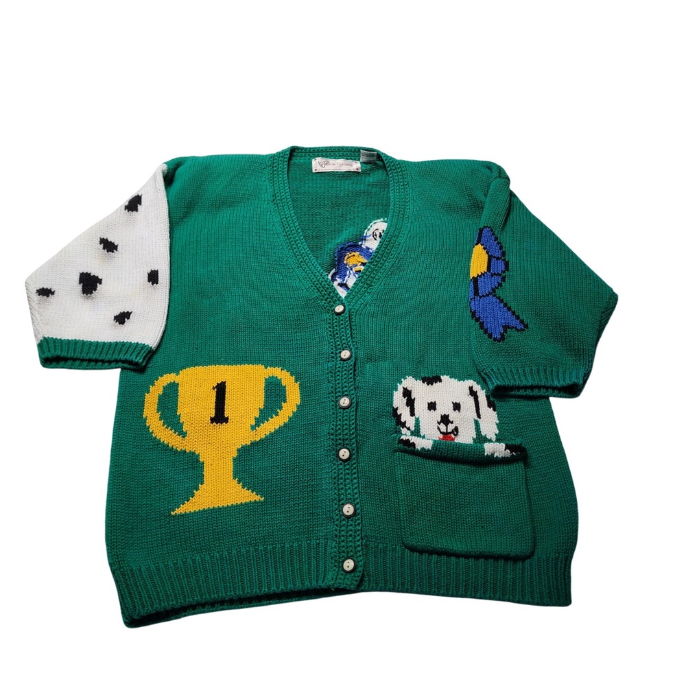 Sharon Young Vintage Dalmatian Dog Show Green Cotton Cardigan Sweater Medium